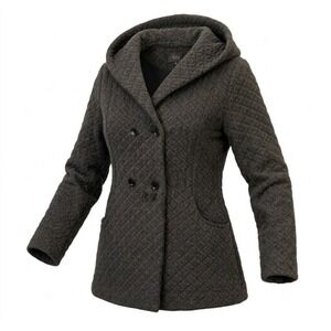 Gallery New York Women's Quilted Gray 3 Button Mid Length Hooded Coat. Size XL